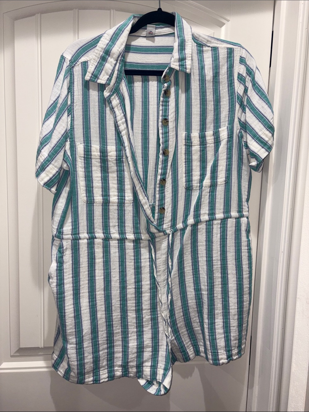 Old Navy White and Teal Striped Button-Up romper